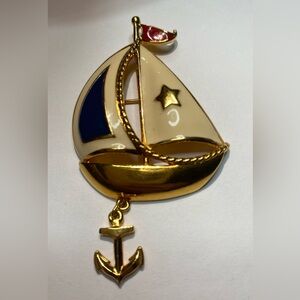 Vintage Gold Tone Enamel Avon Sailboat Brooch with Anchor